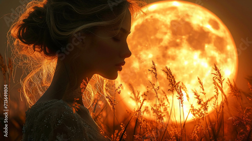 a beautiful woman silhouette in front of huge moon. AI generative