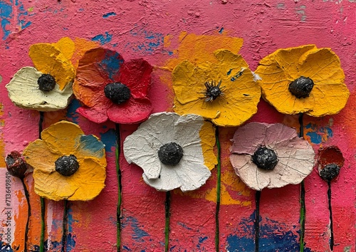 different colored flowers pink background poppy wall multicolor dichromatism yellow blue military textures vibrant powerful design milk upbeat photo