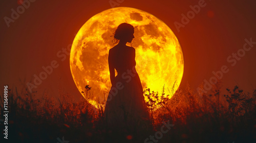 a beautiful woman silhouette in front of huge moon. AI generative