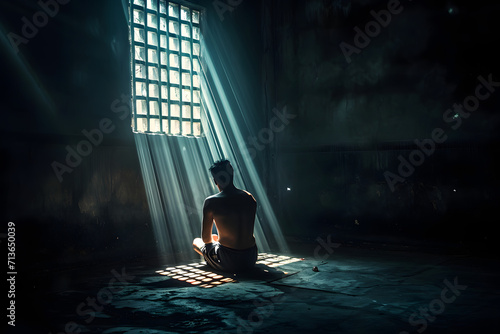a man sitting in a jail cell with a light beaming out  photo