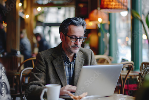 man wearing glasses using laptop in café
