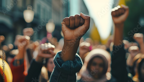 people in front of a crowd holding their fists up © Yi_Studio