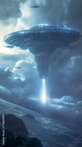flying saucer sky light beam coming out mass effect final xiii flares science fiction colony breathtaking photo