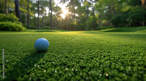 golf field, lush green grass in the foreground, dense woods in the background. AI generative