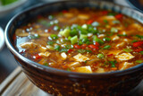 Close-up of a steaming bowl of hot and sour soup