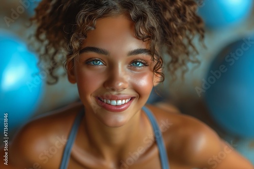 smiling woman curly hair blue eyes gym light skinned african young girl close ups teenage cutie