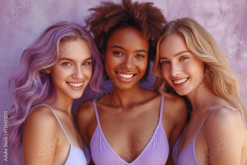 Group of interracial women on a purple color background, Women's Day, beautiful women with joyful smiles, equality and feminism