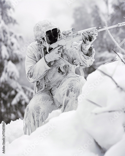 soldier wearing a mask in the snow and camouflaged, videogame visual concept render. Gillie suit blended in snow and winter landscape photo