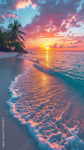 beautiful sunset over a sandy beach and ocean. AI generative © SANGHYUN