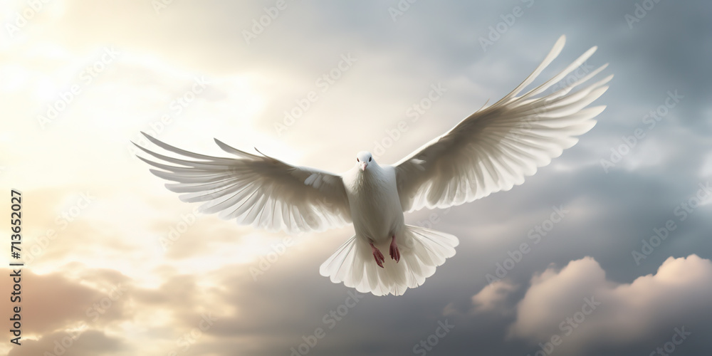 A majestic white dove floating in the air, symbol for peace