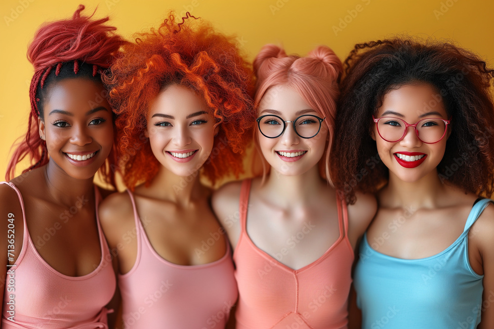 Group of interracial women on a yellow color background, joyful smiles of girls with curls and glasses, equality and feminism Group of interracial women on a yellow color background, joyful smiles of girls with curls and glasses, equality and feminism