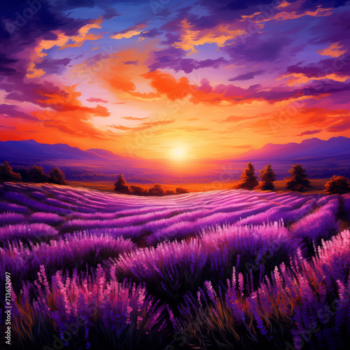 sunset at lavender field in the mountains