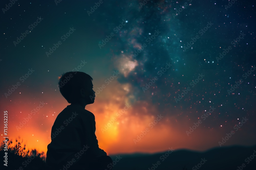 Child marvels at the beautiful starry sky on a star-viewing night Child marvels at the beautiful starry sky on a star-viewing night