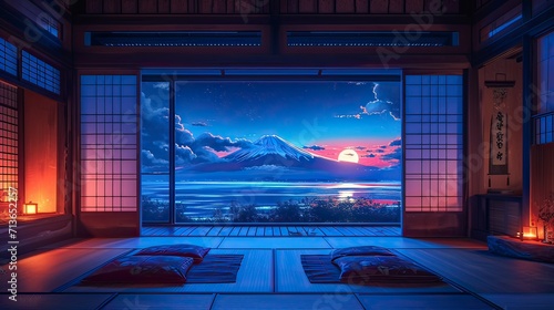 beautiful anime japan background night view in window with japan room