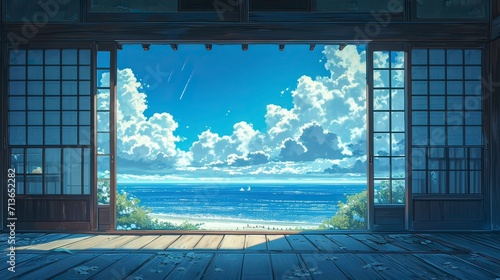 beautiful anime japan background view in window with japan room, ocean blue view outside window © OOTIDI