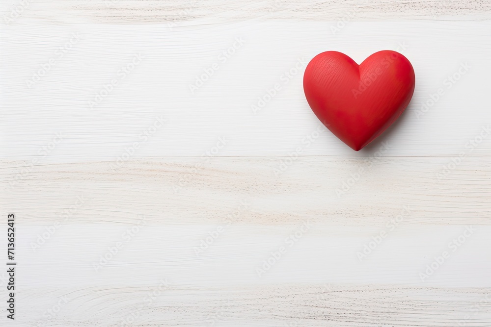 Overhead shot of a small red heart on a white wooden background - romantic concept, copy space - generative ai Overhead shot of a small red heart on a white wooden background - romantic concept, copy space - generative ai