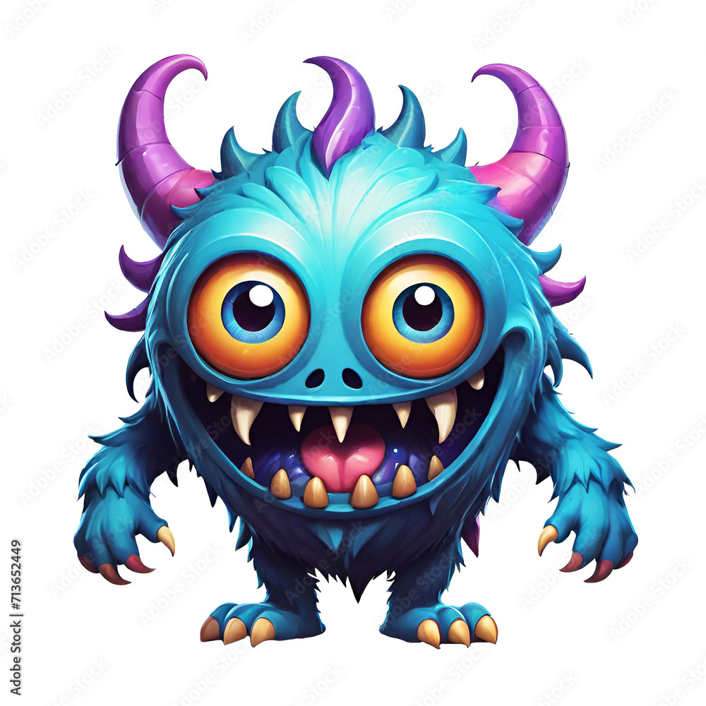 Funny cartoon 3d monster with horns design isolated on transparent background Funny cartoon 3d monster with horns design isolated on transparent background