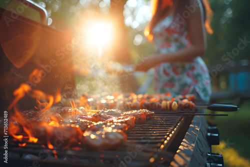 people barbecuing food on a grill in a backyard 