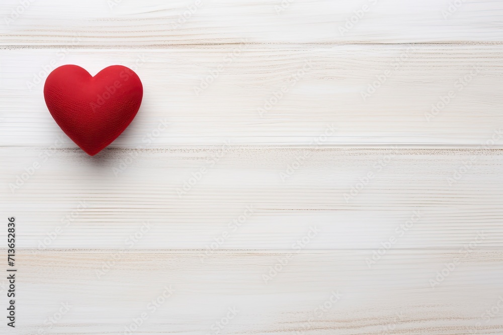 Overhead shot of a small red heart on a white wooden background - romantic concept, copy space - generative ai Overhead shot of a small red heart on a white wooden background - romantic concept, copy space - generative ai