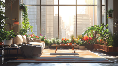 Raios de sol atravessam janelas do chão ao teto lançando um brilho cálido sobre o moderno apartamento urbano
