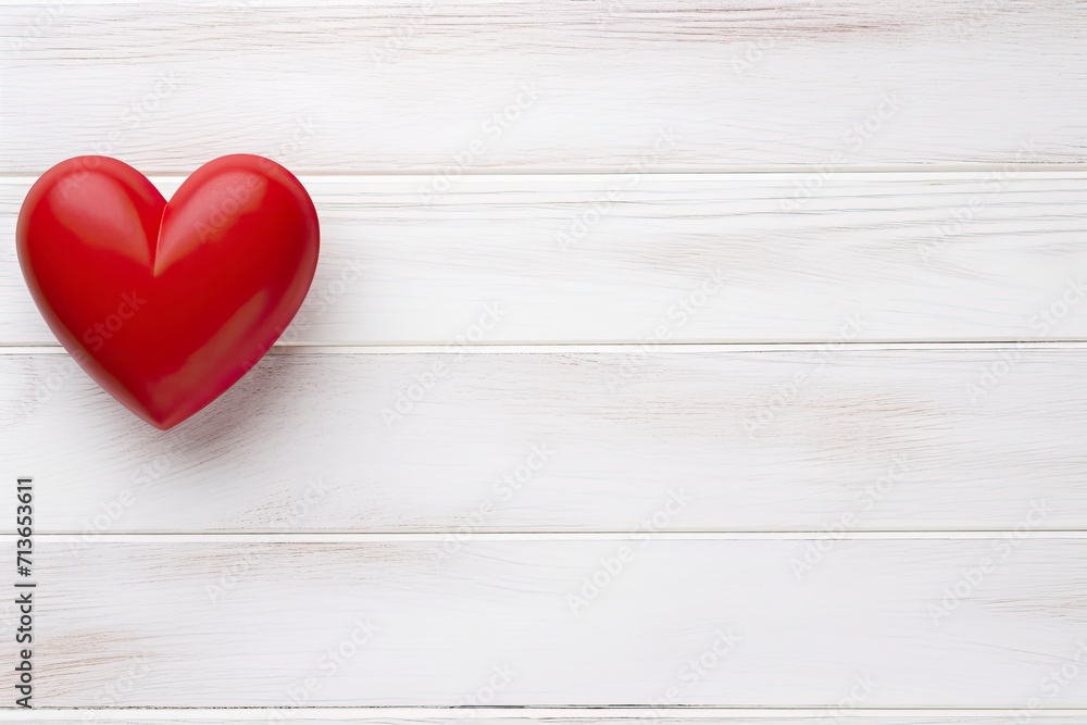 Overhead shot of a small red heart on a white wooden background - romantic concept, copy space - generative ai Overhead shot of a small red heart on a white wooden background - romantic concept, copy space - generative ai