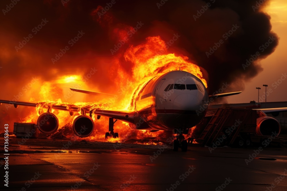 Aviation Disaster: A Plane Ignites in Flames on the Runway, Unleashing Chaos and Emergency Response in a Gripping Airport Tragedy. Aviation Disaster: A Plane Ignites in Flames on the Runway, Unleashing Chaos and Emergency Response in a Gripping Airport Tragedy.