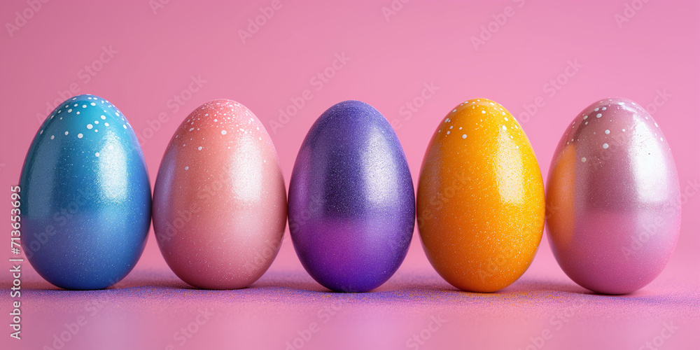 decorated Easter eggs in a row against a solid background decorated Easter eggs in a row against a solid background