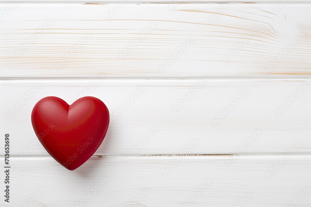 Overhead shot of a small red heart on a white wooden background - romantic concept, copy space - generative ai Overhead shot of a small red heart on a white wooden background - romantic concept, copy space - generative ai