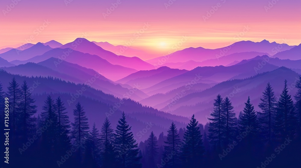 sunrise in the mountains, Mountain Landscape with bright sky and purple trees color Vector silhouette generative AI