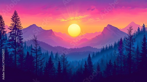 sunset in mountains Mountain Landscape with bright sky and purple trees color Vector silhouette generative AI