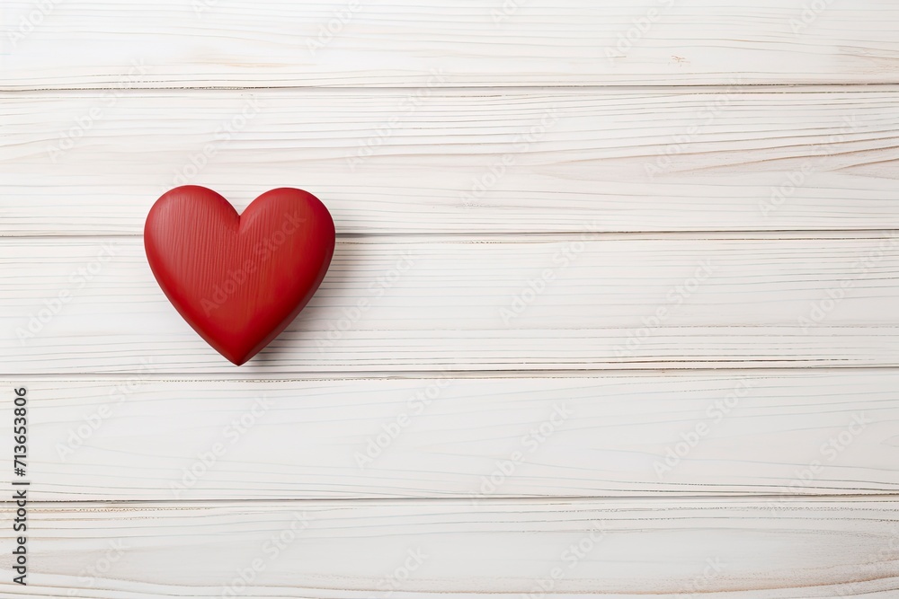 Overhead shot of a small red heart on a white wooden background - romantic concept, copy space - generative ai Overhead shot of a small red heart on a white wooden background - romantic concept, copy space - generative ai