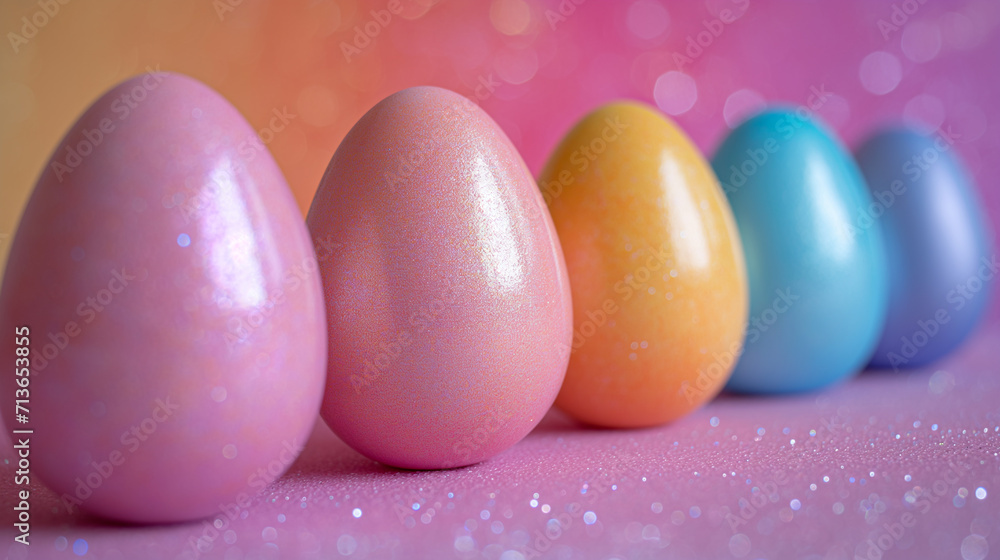 decorated Easter eggs in a row against a solid background decorated Easter eggs in a row against a solid background