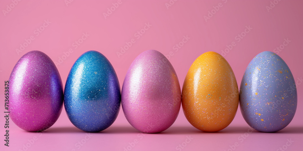 decorated Easter eggs in a row against a solid background decorated Easter eggs in a row against a solid background