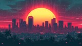 city sunset, sunset over city, skyline at sunset Retro 80s city Background Vector silhouette generative AI