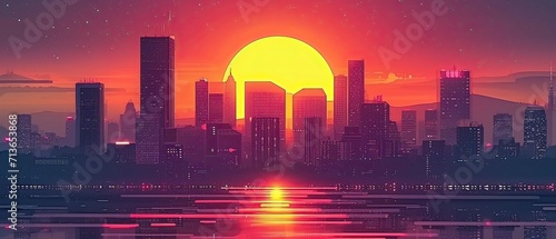 city sunset  sunset over city  skyline at sunset Retro 90s city Background Vector silhouette generative AI 