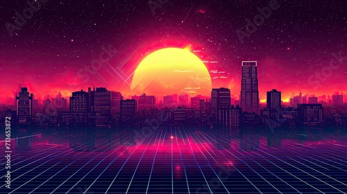 city at sunset, sunset over city skyline at sunset Retro 90s city Background Vector silhouette generative AI
