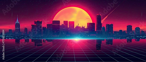 city at sunset, sunset over city, skyline at sunset Retro 90s city Background Vector silhouette generative AI photo