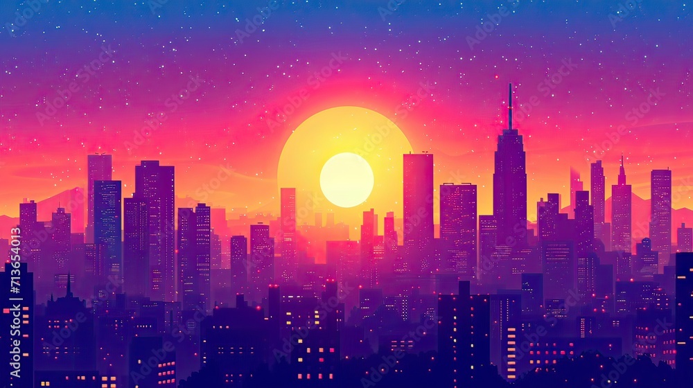 city skyline at sunset, Retro 90s city Background Vector silhouette generative AI