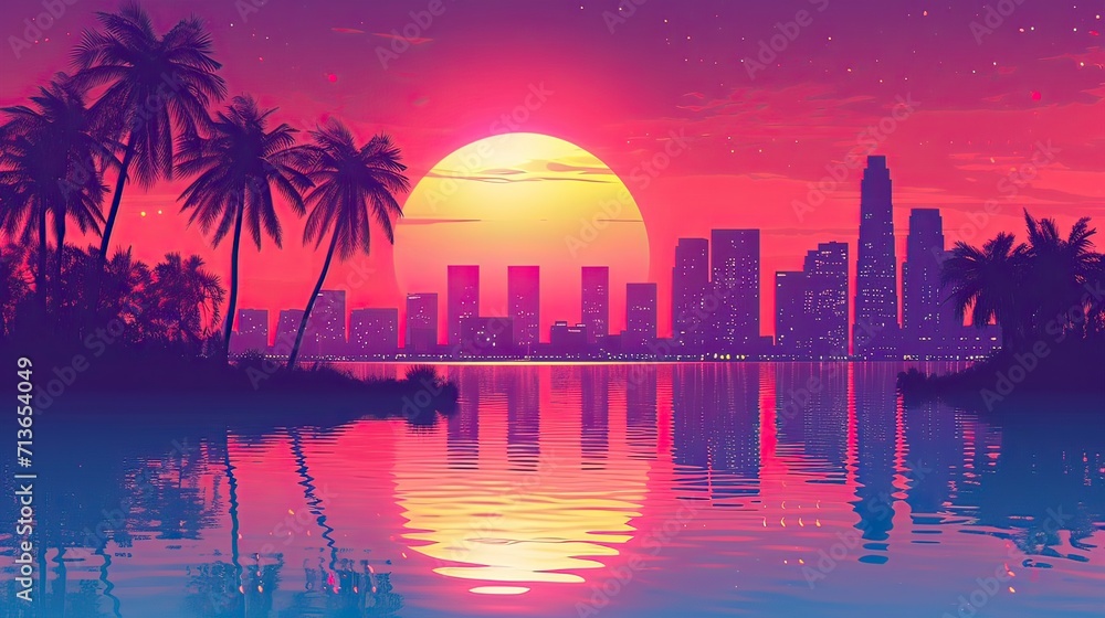 sunset over the city, Retro 90s city Background Vector silhouette generative AI