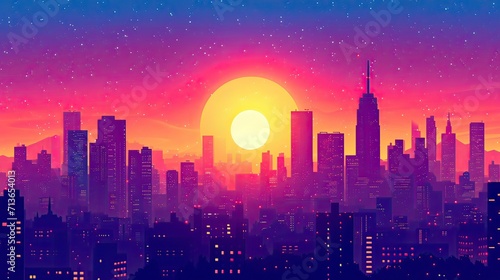city skyline at sunset  Retro 90s city Background Vector silhouette generative AI