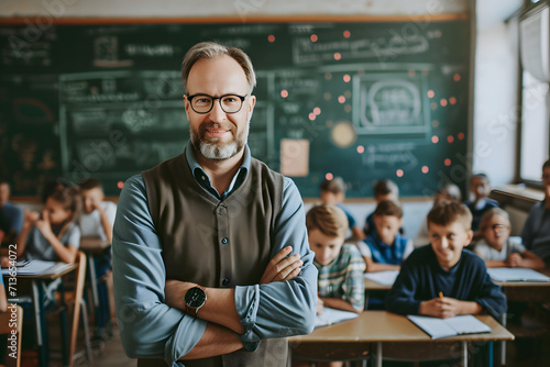  a smiling adult teacher standing in the classroom

 photo
