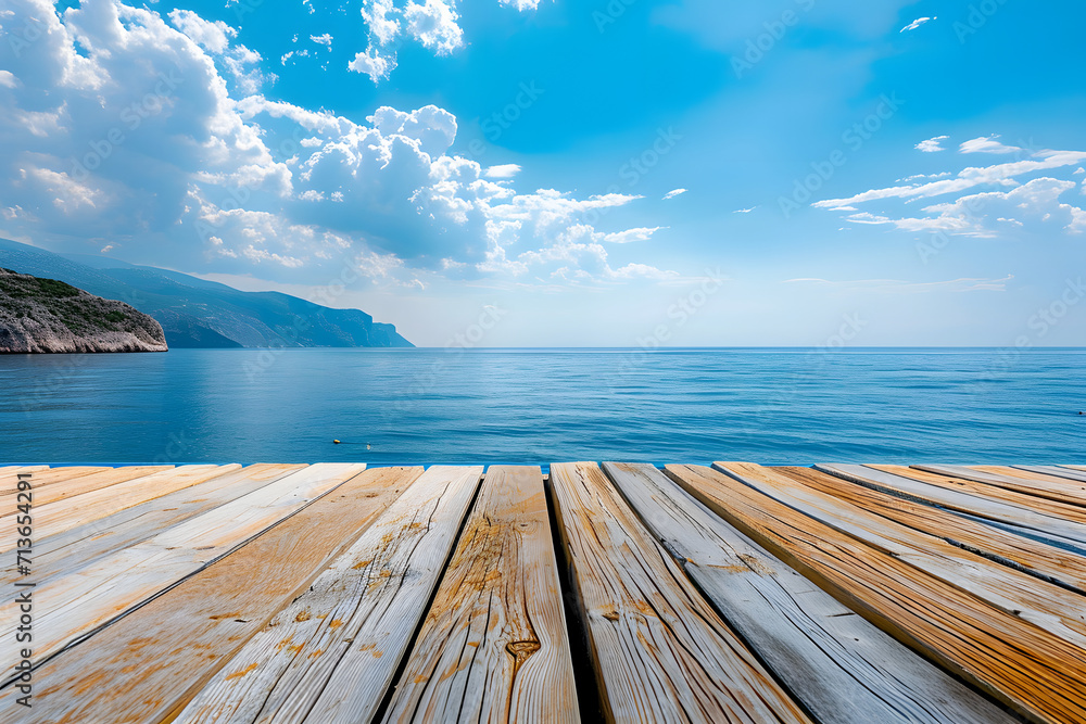 deck wooden surface with sea view and mountains overlooking sea