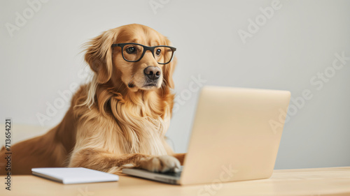 portrait of a golden retriever dog wearing glasses working in the office using a laptop