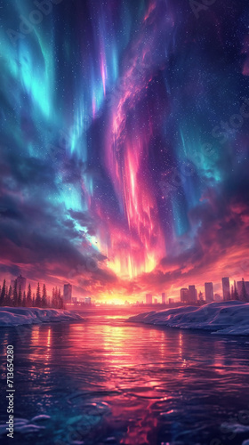 Fantastic night view  Northern Lights. AI generative