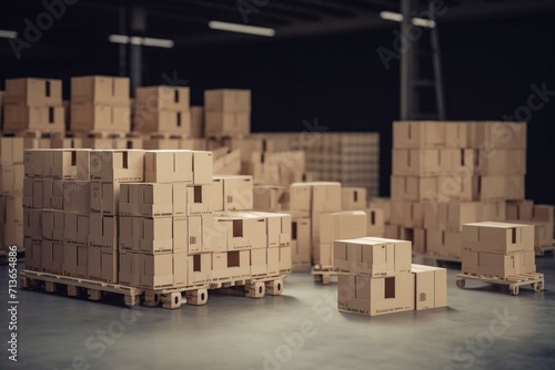 Concept of warehouse, shipment, transportation, and delivery with boxes on pallets in a retail store building. Generative AI © Anika