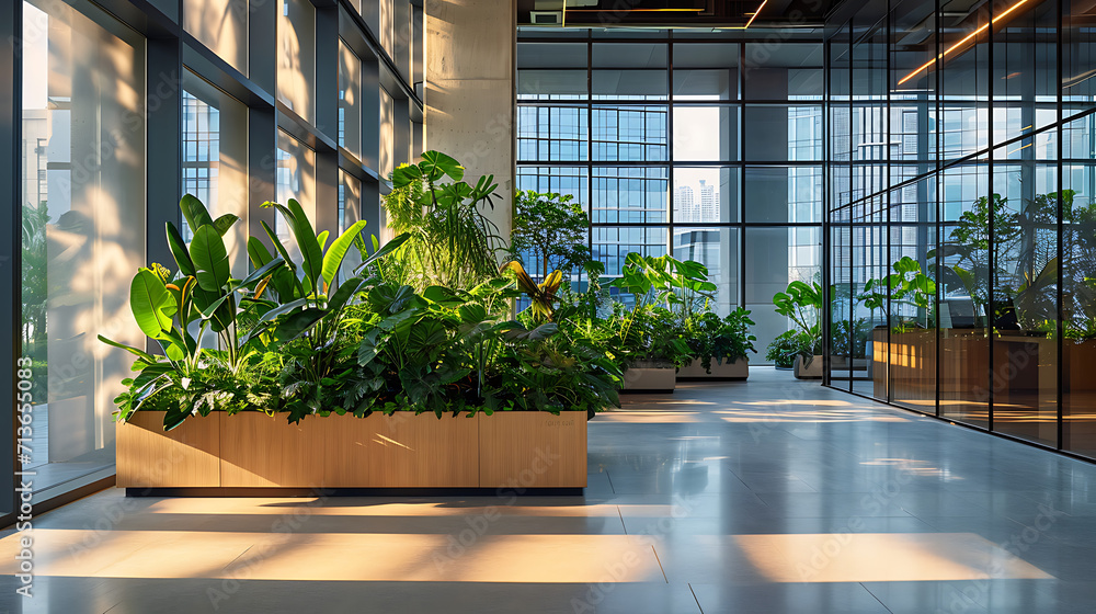 Raios de sol entram pelas grandes janelas de um espaÃ§o de escritÃ³rio moderno e arejado iluminando uma exuberante variedade de plantas internas