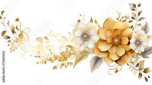 Golden floral wedding frame. Gold and white flower with golden nature leaves