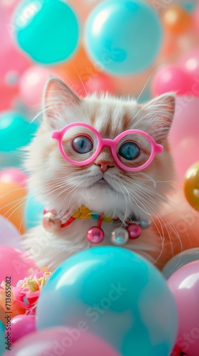 kitty cat kitten pink glasses sitting among balloons blue eyes posh closeup adorable surprised profile author cute princess catling furry nerdy photo