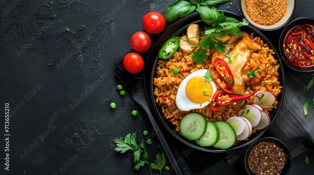 Delicious Nasi Goreng background with ample space for text, showcasing a flavorful and spicy traditional Indonesian dish topped with eggs, vegetables, and a garnish of selected spices