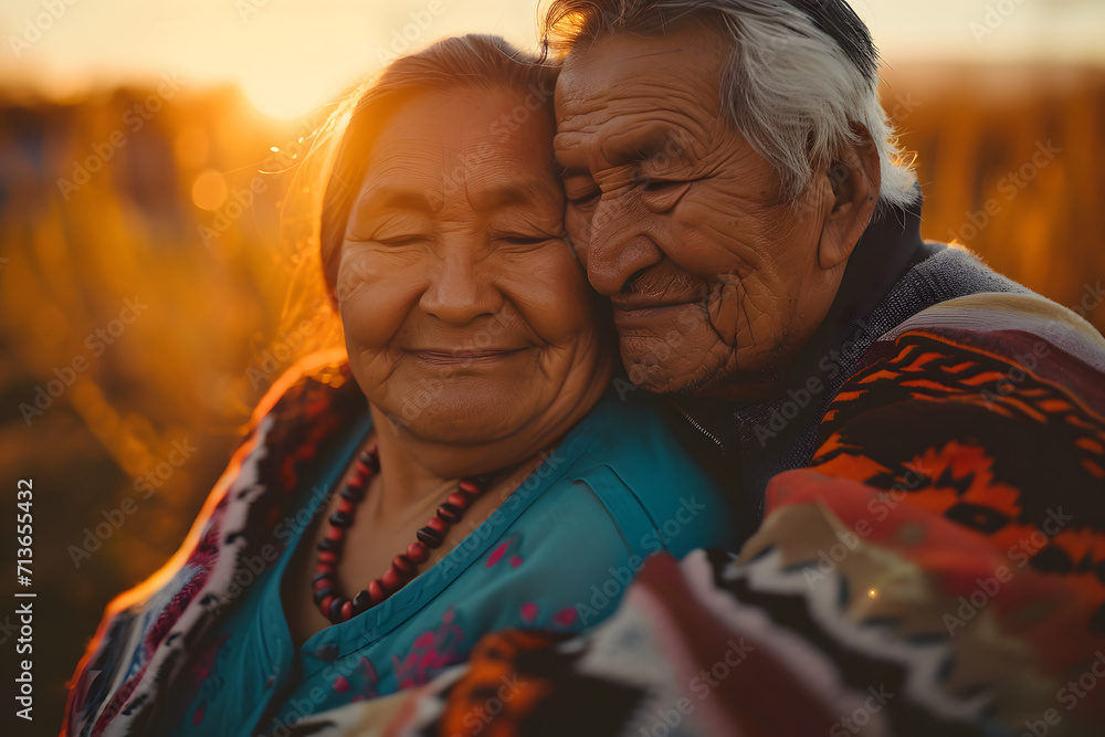 senior native americans couple hugging and smiling at sunrise, close-up